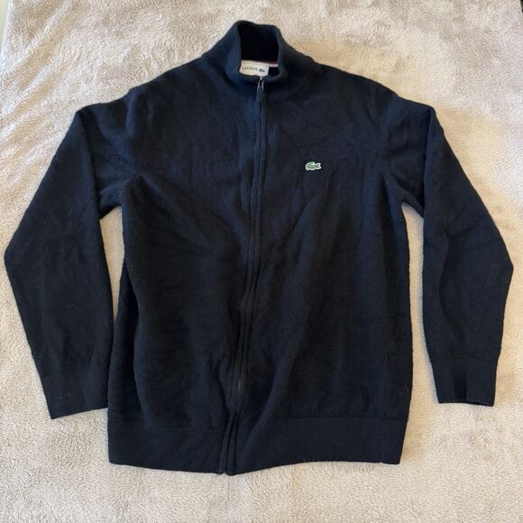 Lacoste 100% Wool Full Zip Cardigan Mock Collar Black XL - Picture 1 of 7